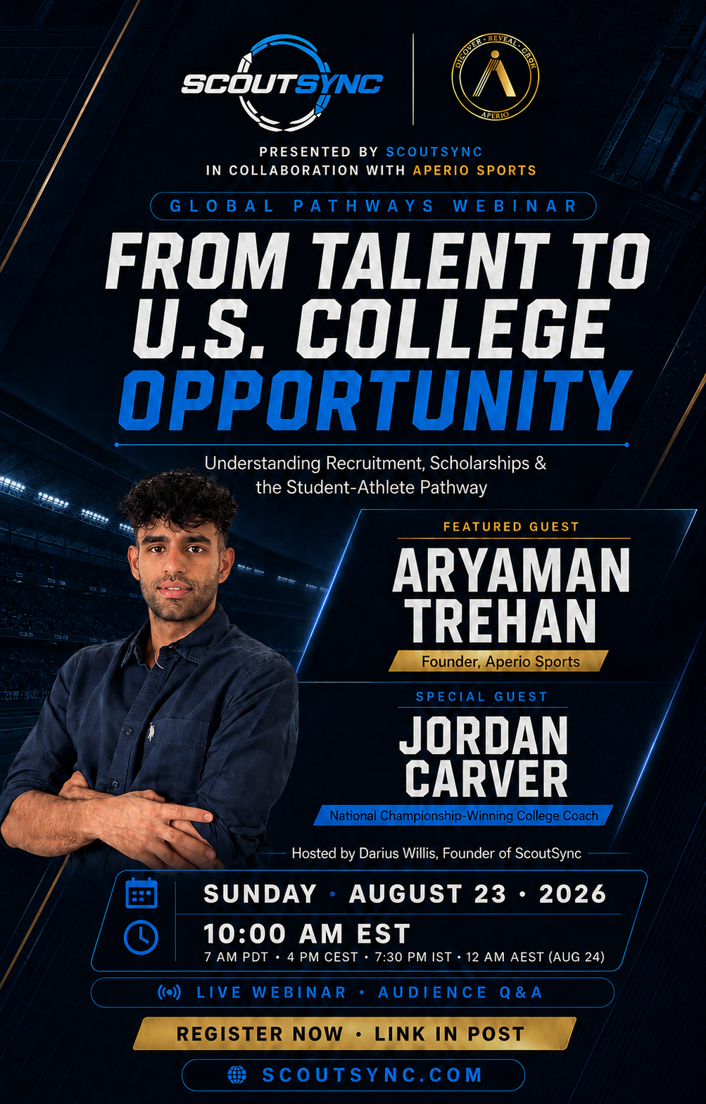 From Talent to U.S. College Opportunity webinar flyer. Presented by ScoutSync in collaboration with Aperio Sports, Sunday August 23 2026 at 10:00 AM EST.