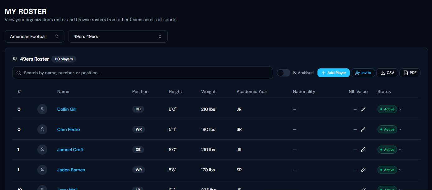 ScoutSync team roster with player positions and status
