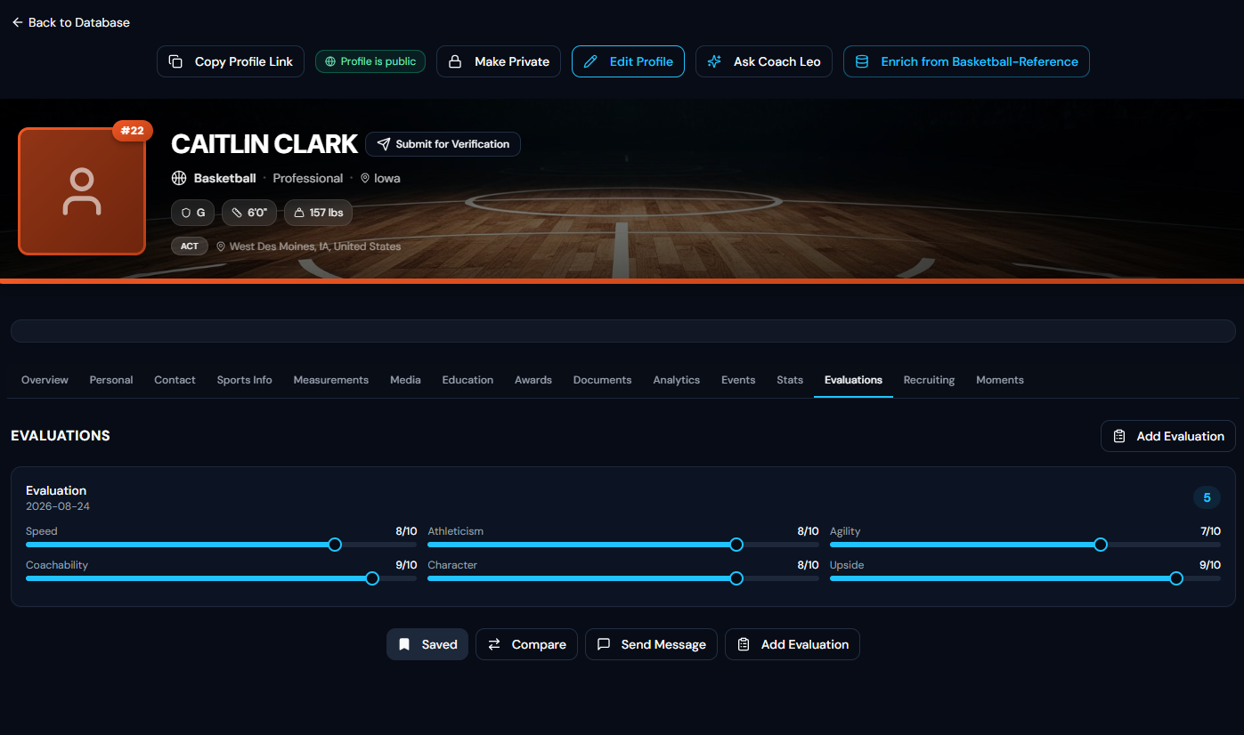 ScoutSync athlete record showing evaluations, measurements, and profile tabs