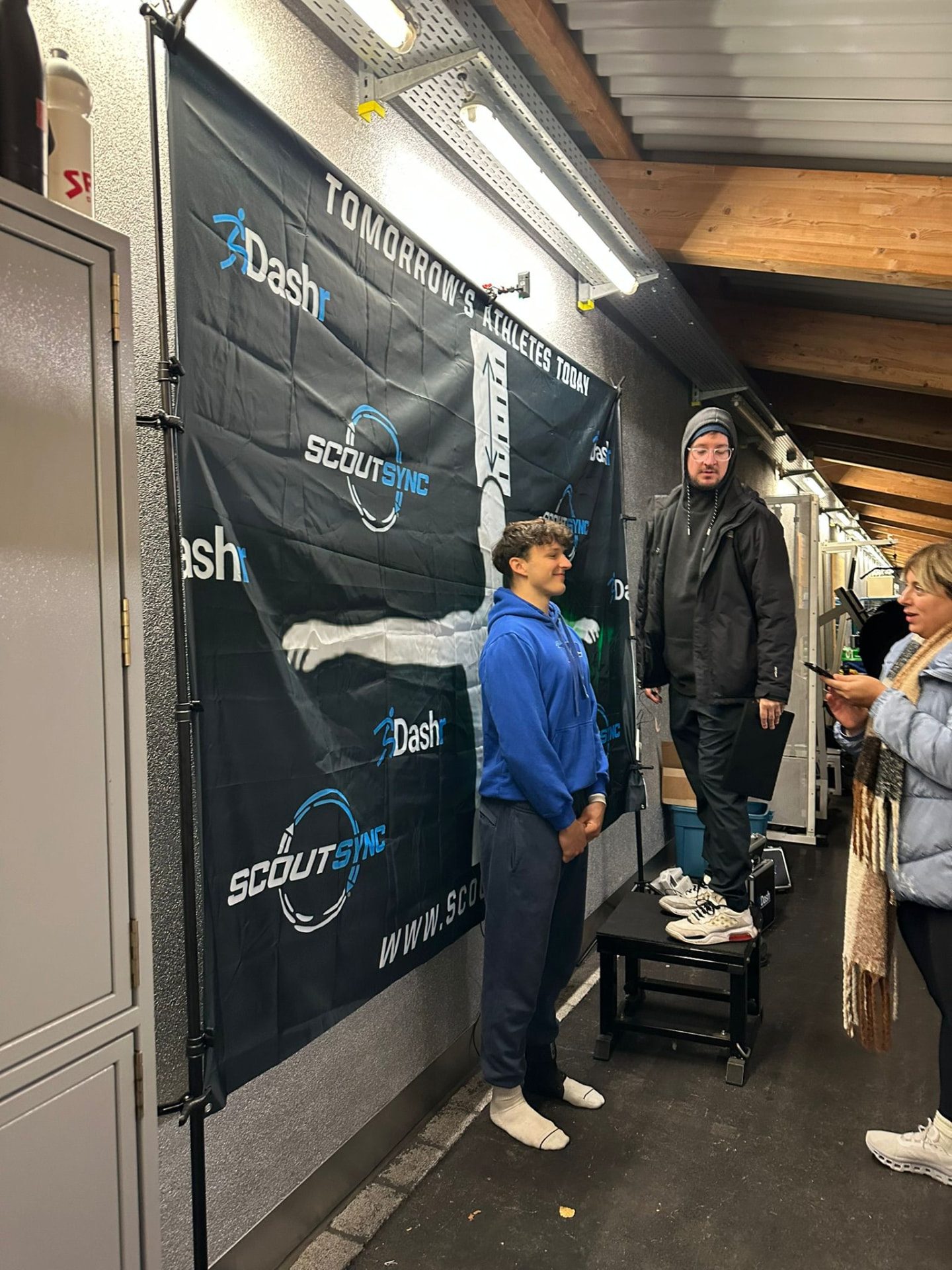 Athlete measured against the ScoutSync Tomorrow's Athletes Today backdrop in Zurich
