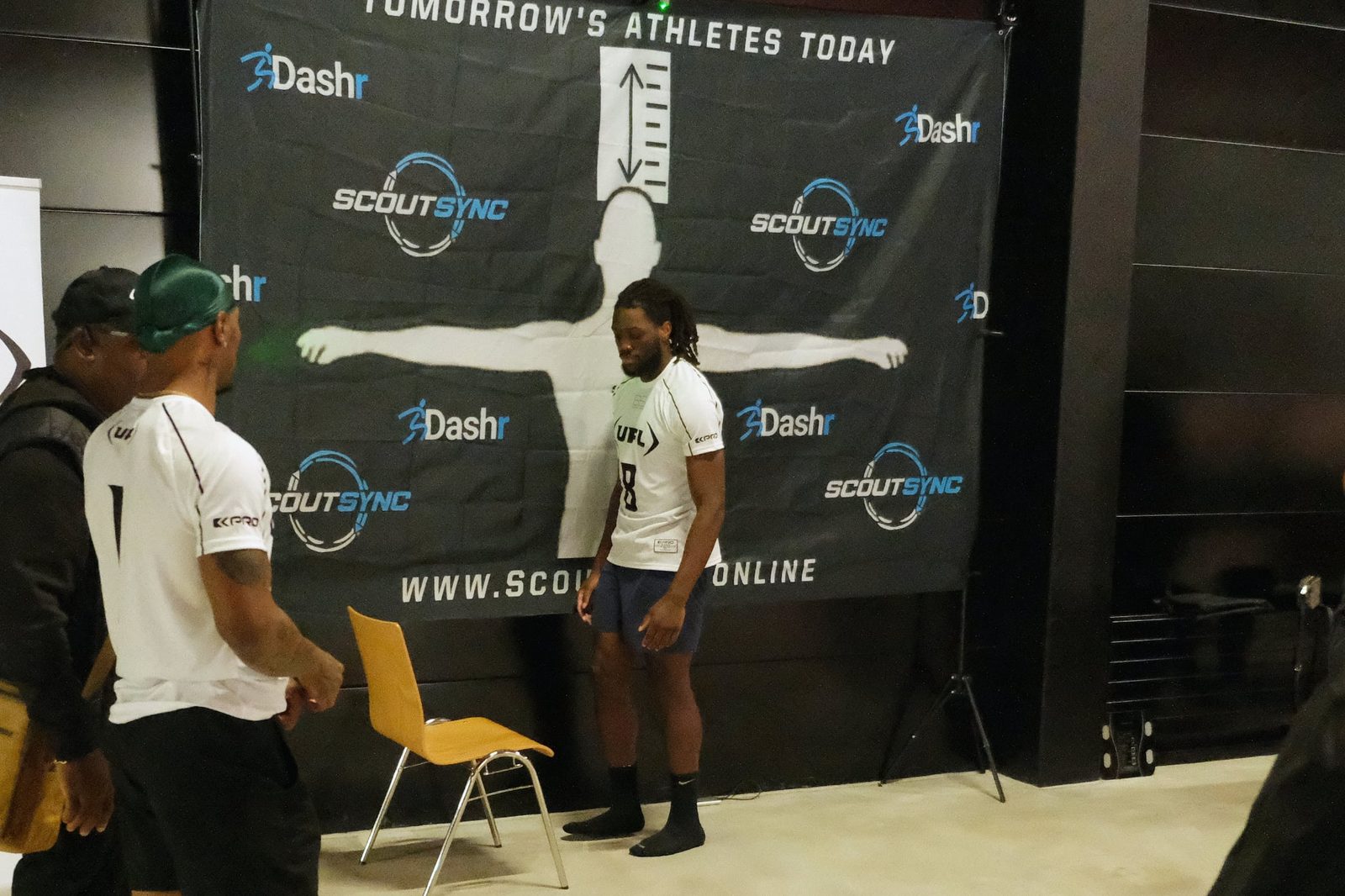 Height and weight verification at the ScoutSync measurement station during the UFL combine
