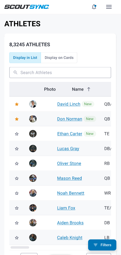ScoutSync athlete database with filters for sport, level, and region