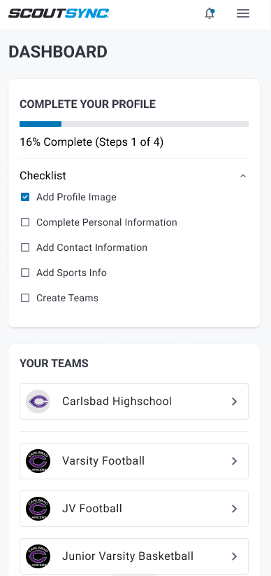 Coach dashboard in ScoutSync Online™ showing recruiting pipeline and activity