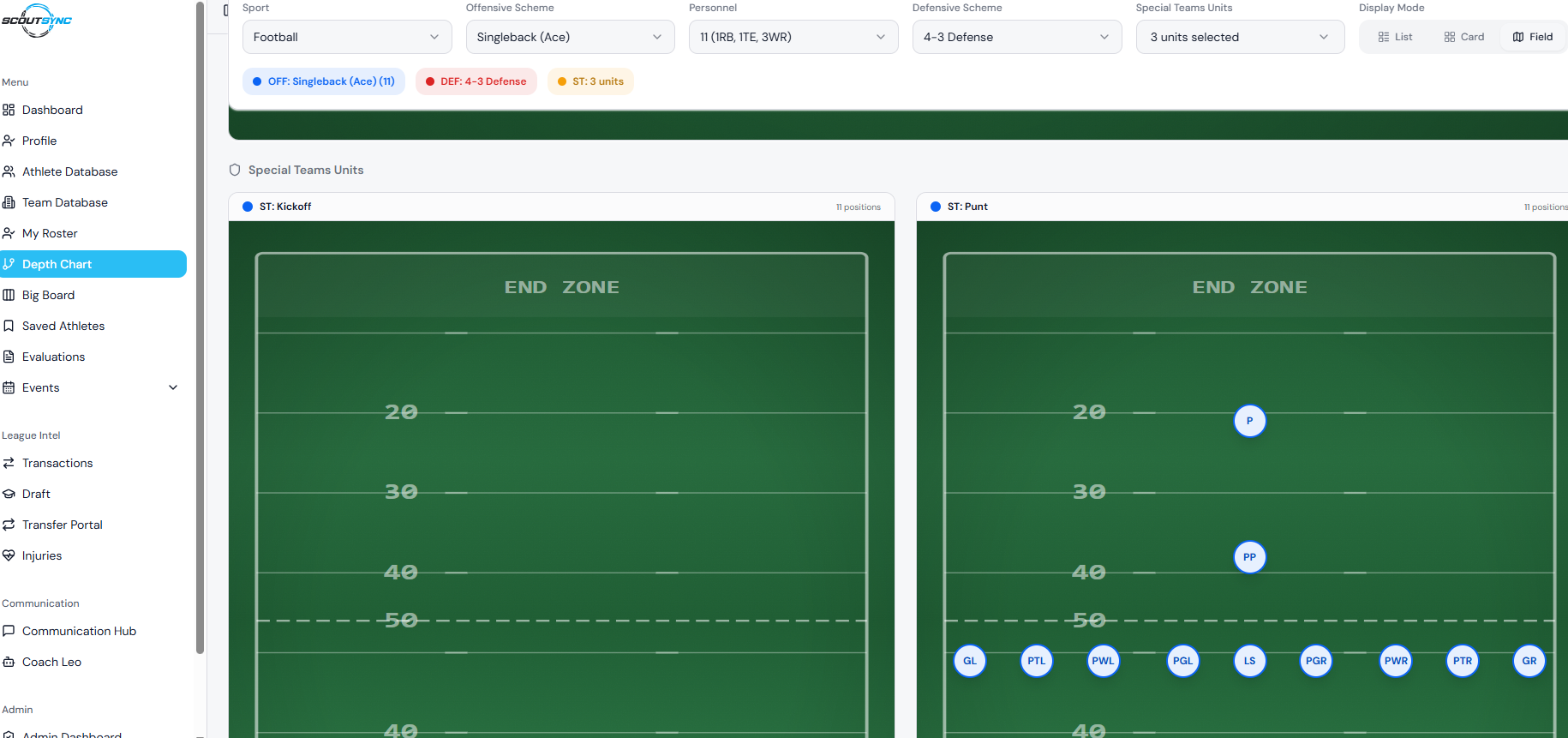 ScoutSync depth chart with position groups