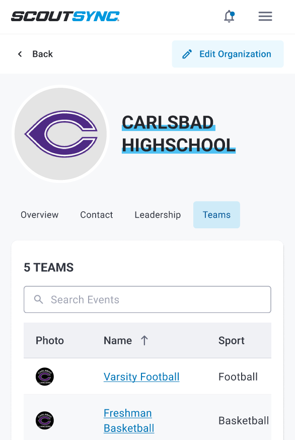 ScoutSync school teams list with sports and seasons