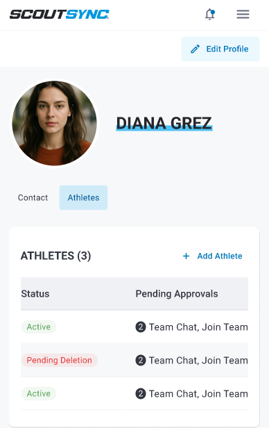 ScoutSync parent view showing connected athlete activity