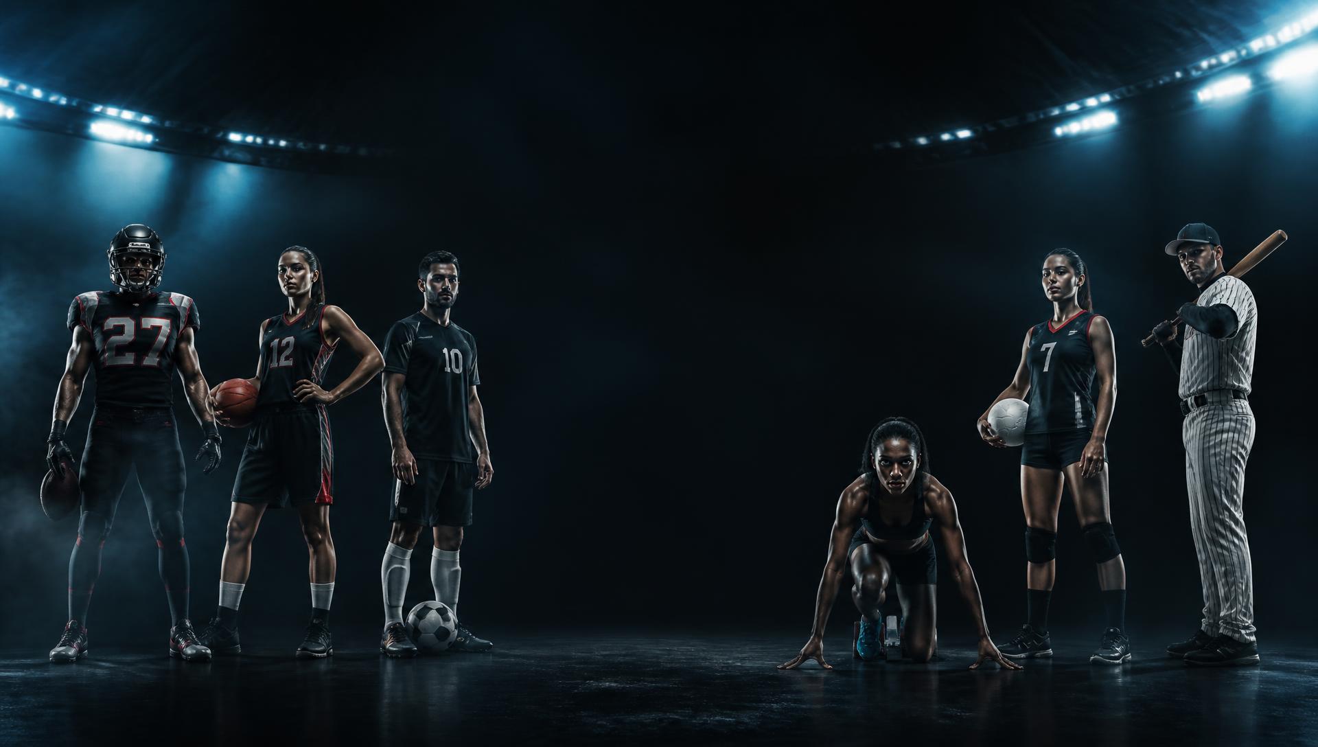 Athletes from football, basketball, soccer, track, volleyball, and baseball standing in a dark arena